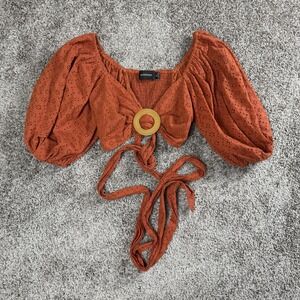 MinkPink Orange Eyelet Puff Sleeve Wrap Crop Top Medium Bohemian Cottagecore